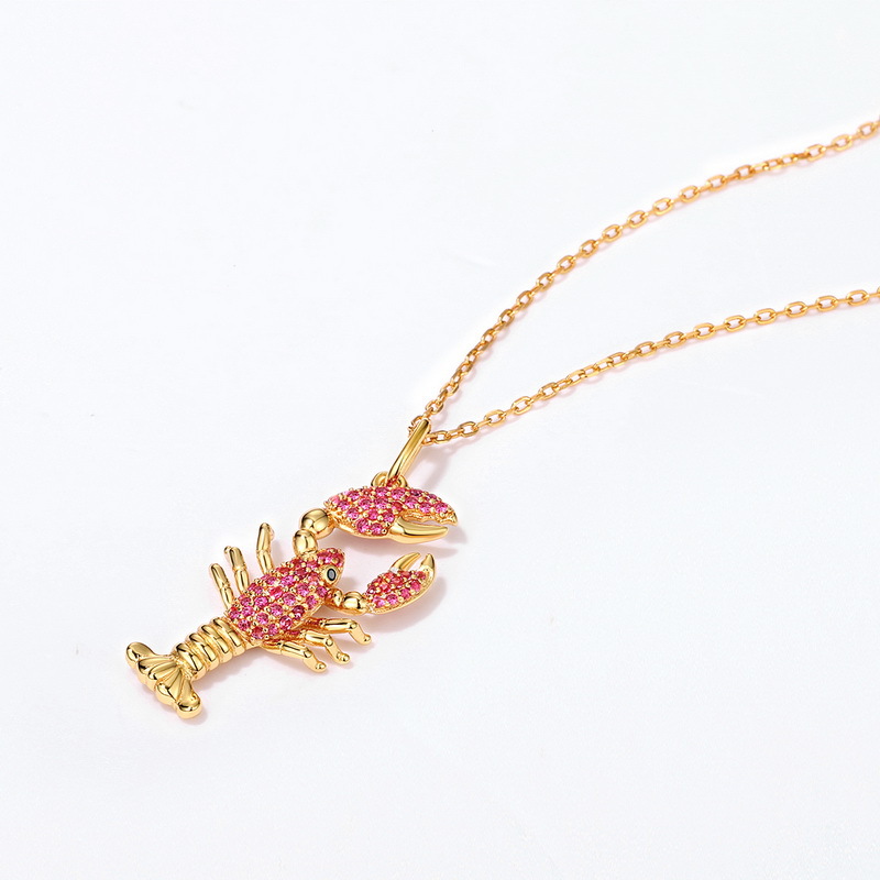 S925 Sterling Silver Gold-Plated Crayfish and Rutile Pendant Zircon Necklace