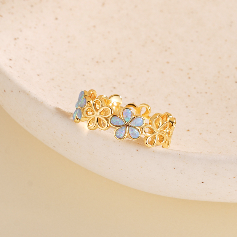 925 Sterling Silver Openwork Floral Opal Ring