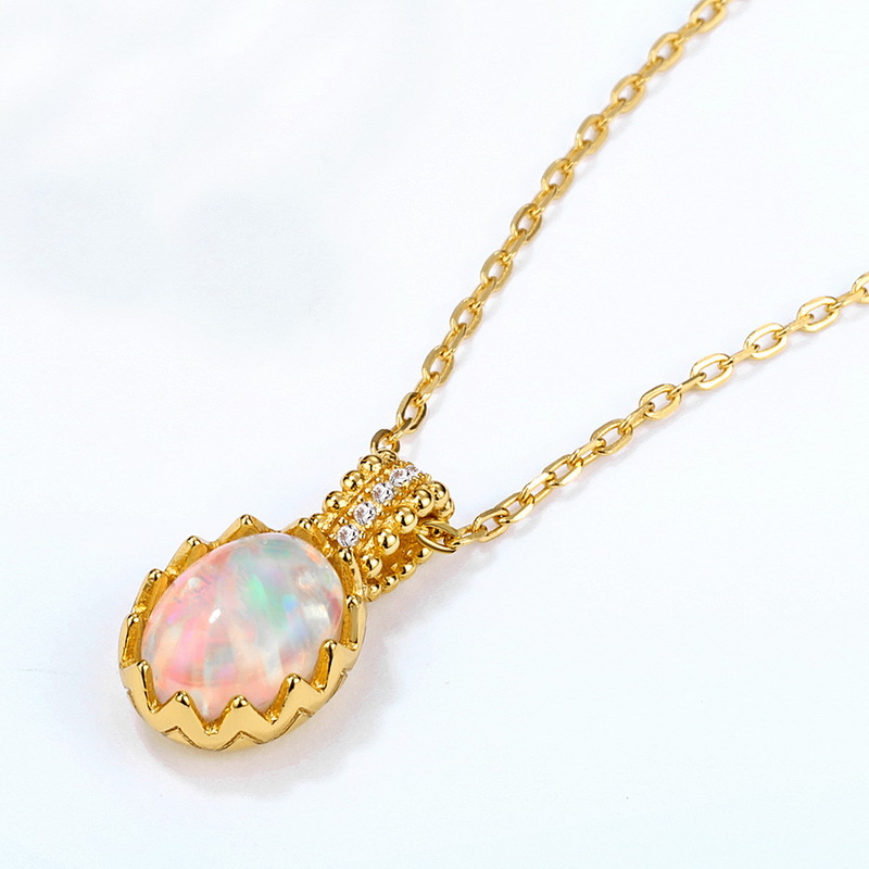 S925 Sterling Silver Gold-Plated Retro Opal Pendant Egg Necklace