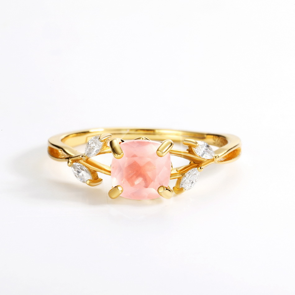 S925 Sterling Silver Gold-Plated Natural Rose Quartz Leaf Zircon Ring