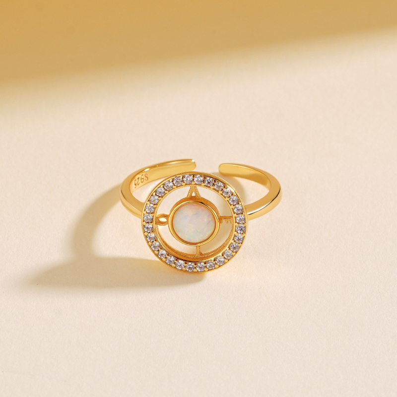 925 Sterling Silver Open Ring with Cut-out Circle, Opal, and Letter