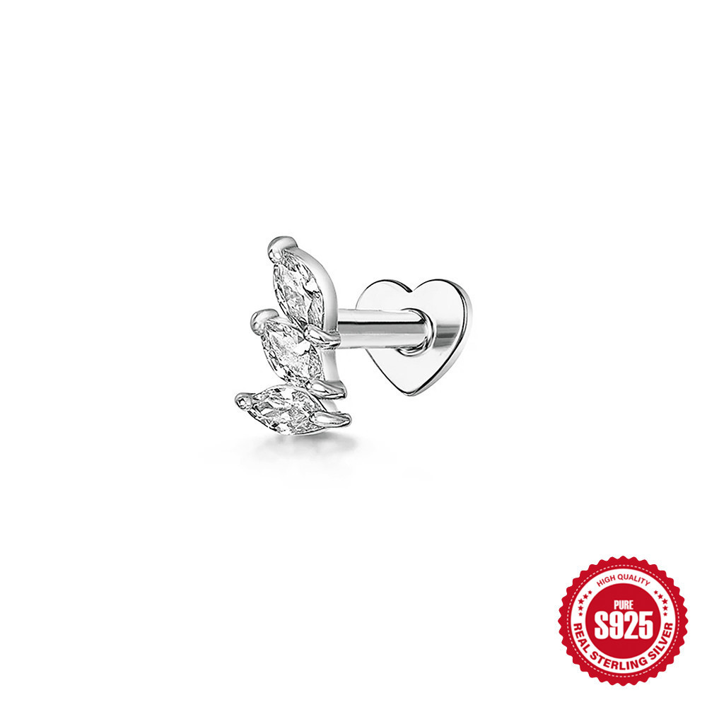 S925 Sterling Silver Heart-Shaped Stud Earrings with Marquise-Cut Zirconia and Flat-Back Threaded Posts