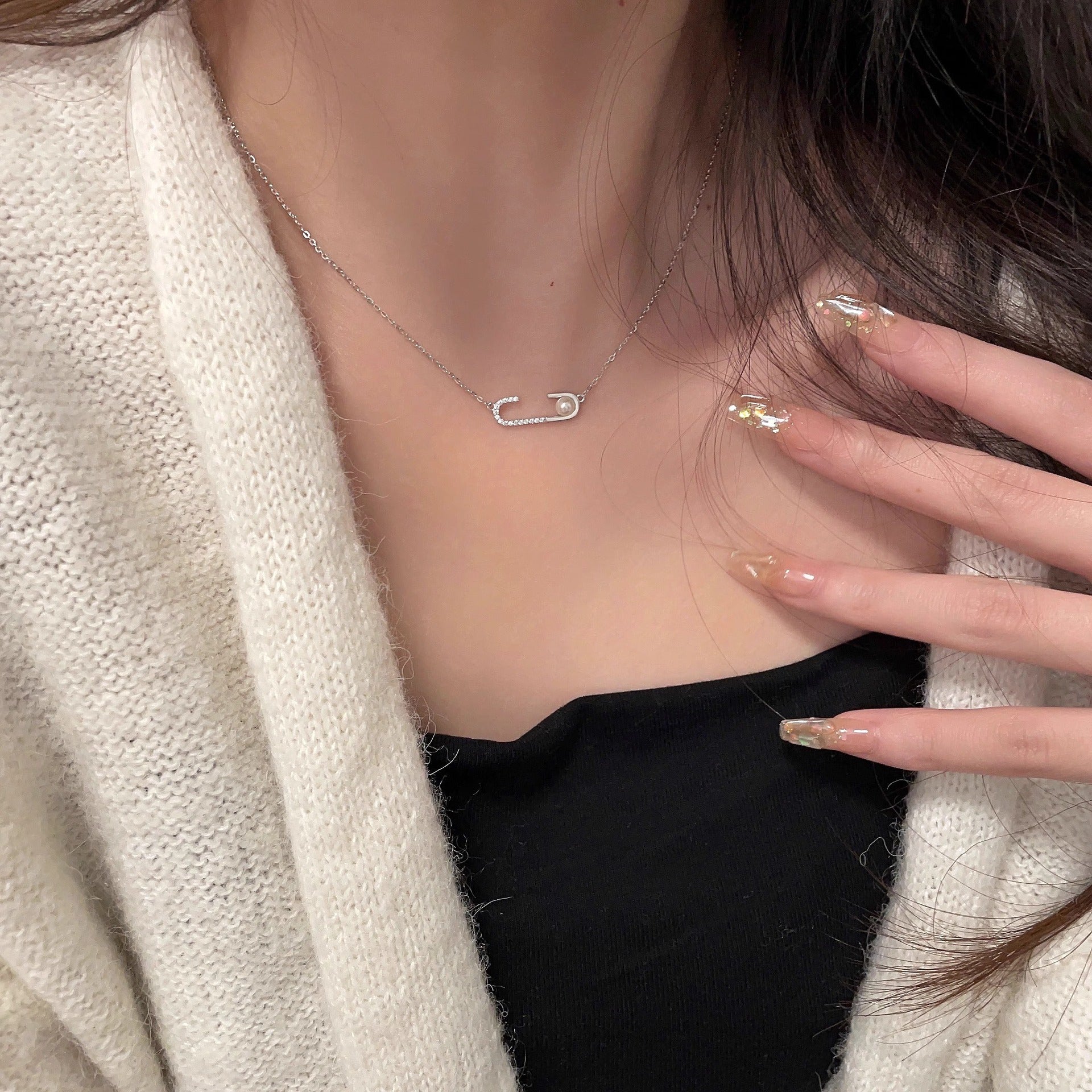 S925 sterling silver paperclip pendant necklace - silvery