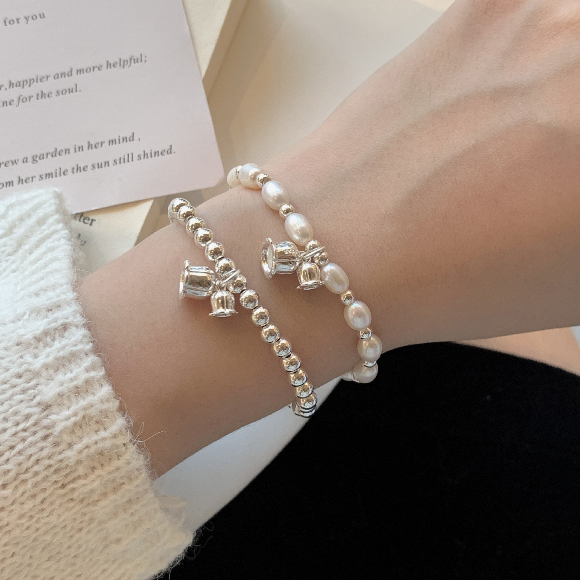 S925 sterling silver bead bracelet - silvery