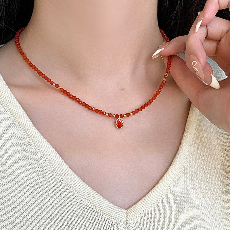 925 sterling silver red agate necklace - champagne golden