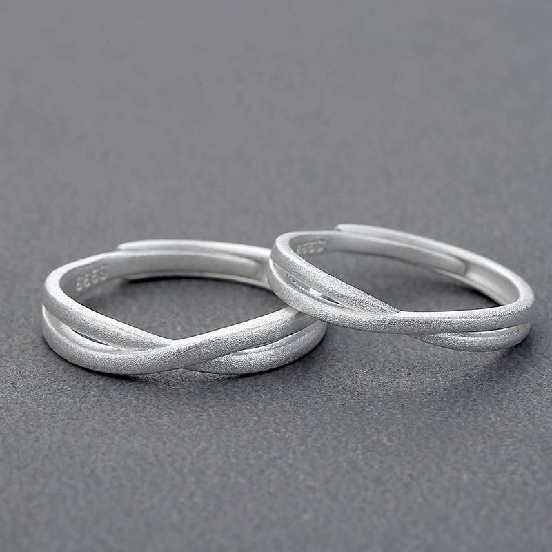 999 Silver Matte Texture Couple Ring - Silvery