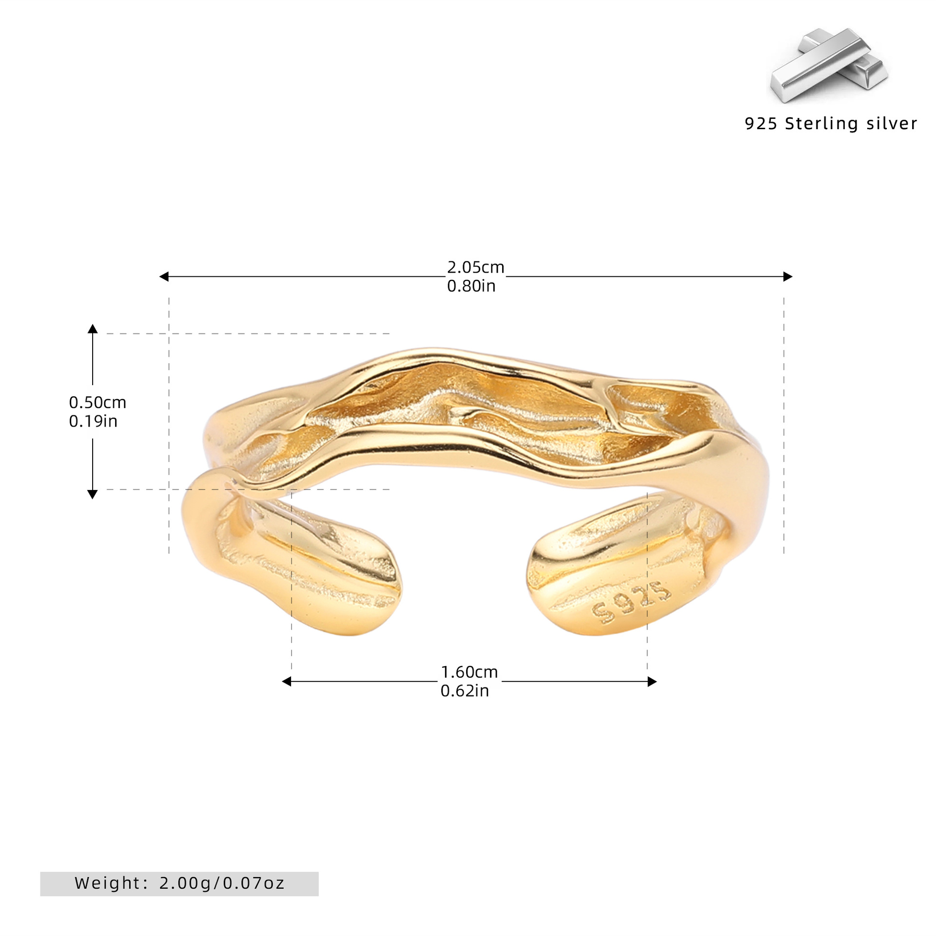 S925 Sterling Silver Luxury Niche Ring with Unique Texture and Irregular Opening