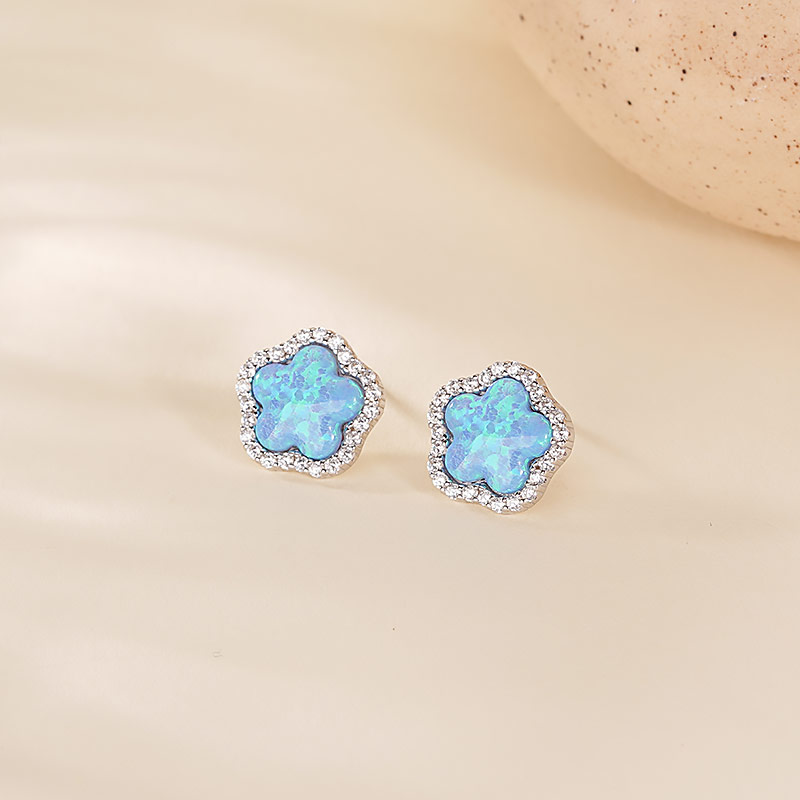 925 Sterling Silver Floral Stud Earrings with Opal and Zirconia