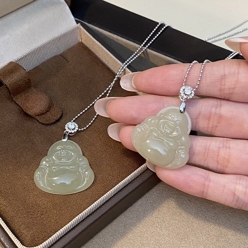 S925 Sterling Silver Hetian Jade Buddha Male Pendant Necklace