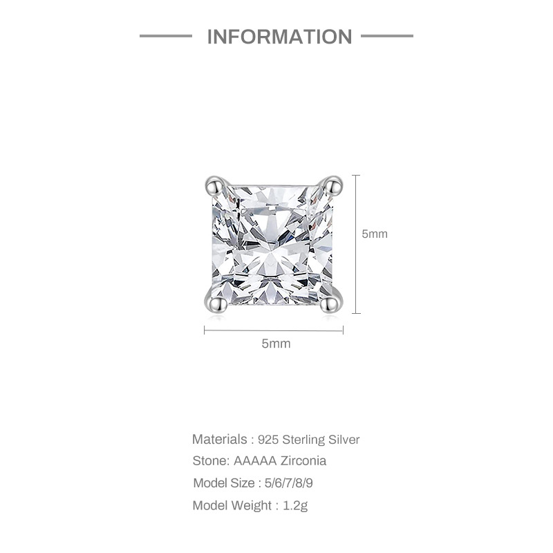 S925 sterling silver geometric square zircon earrings