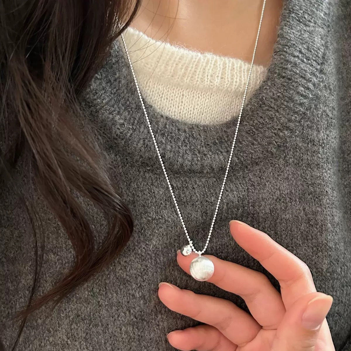 S925 sterling silver round ball pendant long necklace