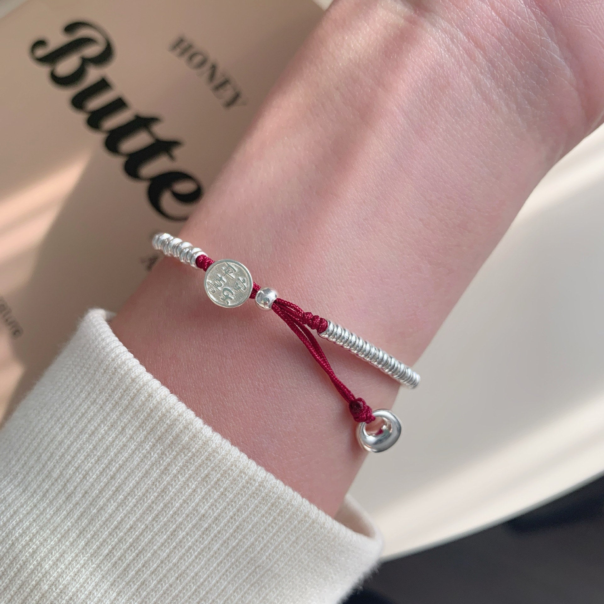 S925 sterling silver bead red string bracelet