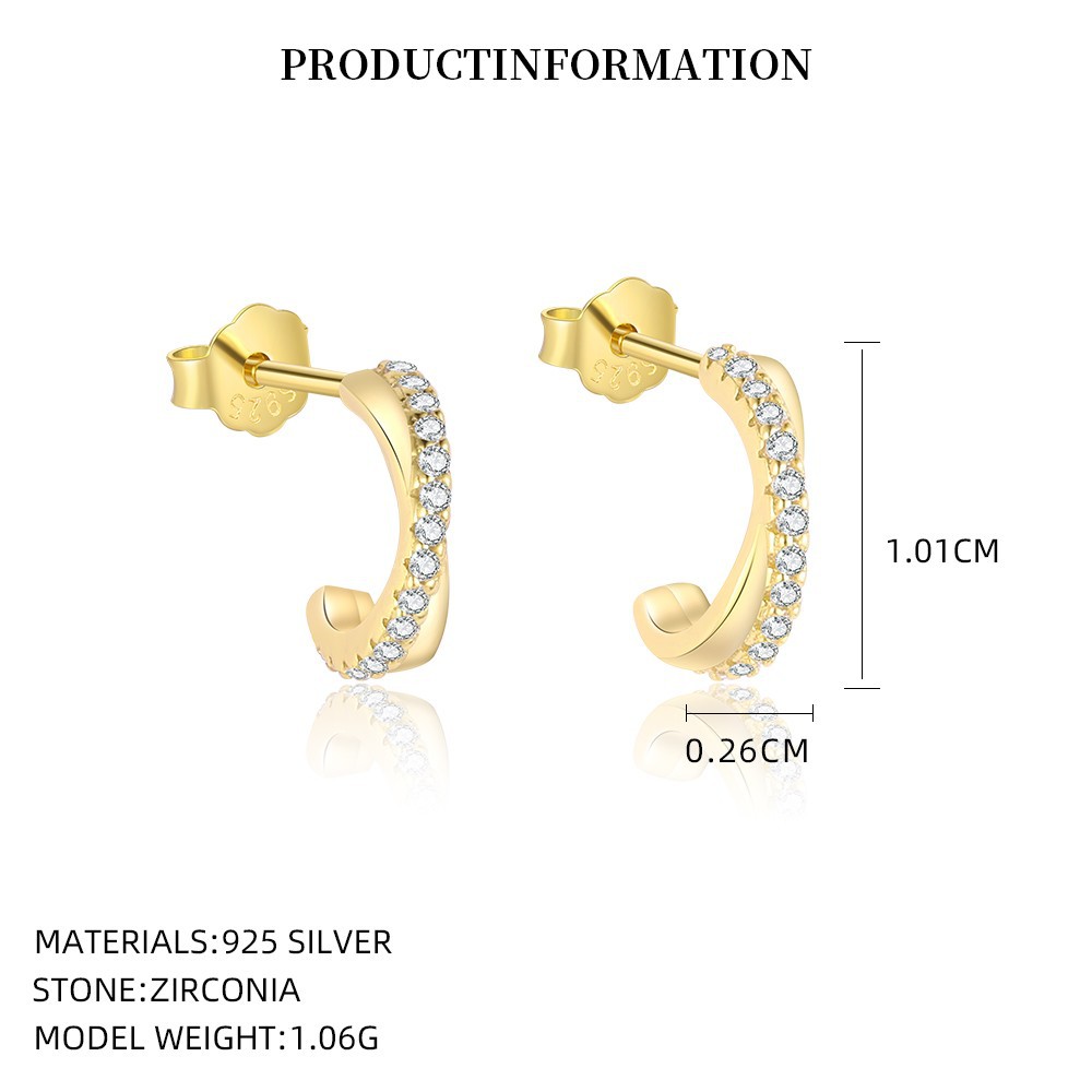 S925 Sterling Silver C-Shaped Zircon Stud Earrings