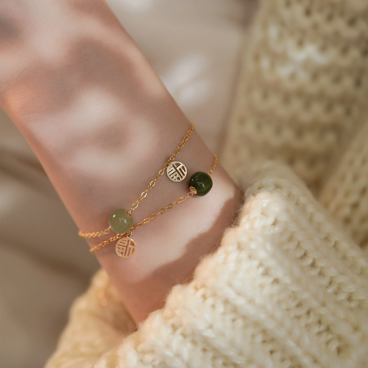 925 Sterling Silver Hotan Jade Bracelet -Golden