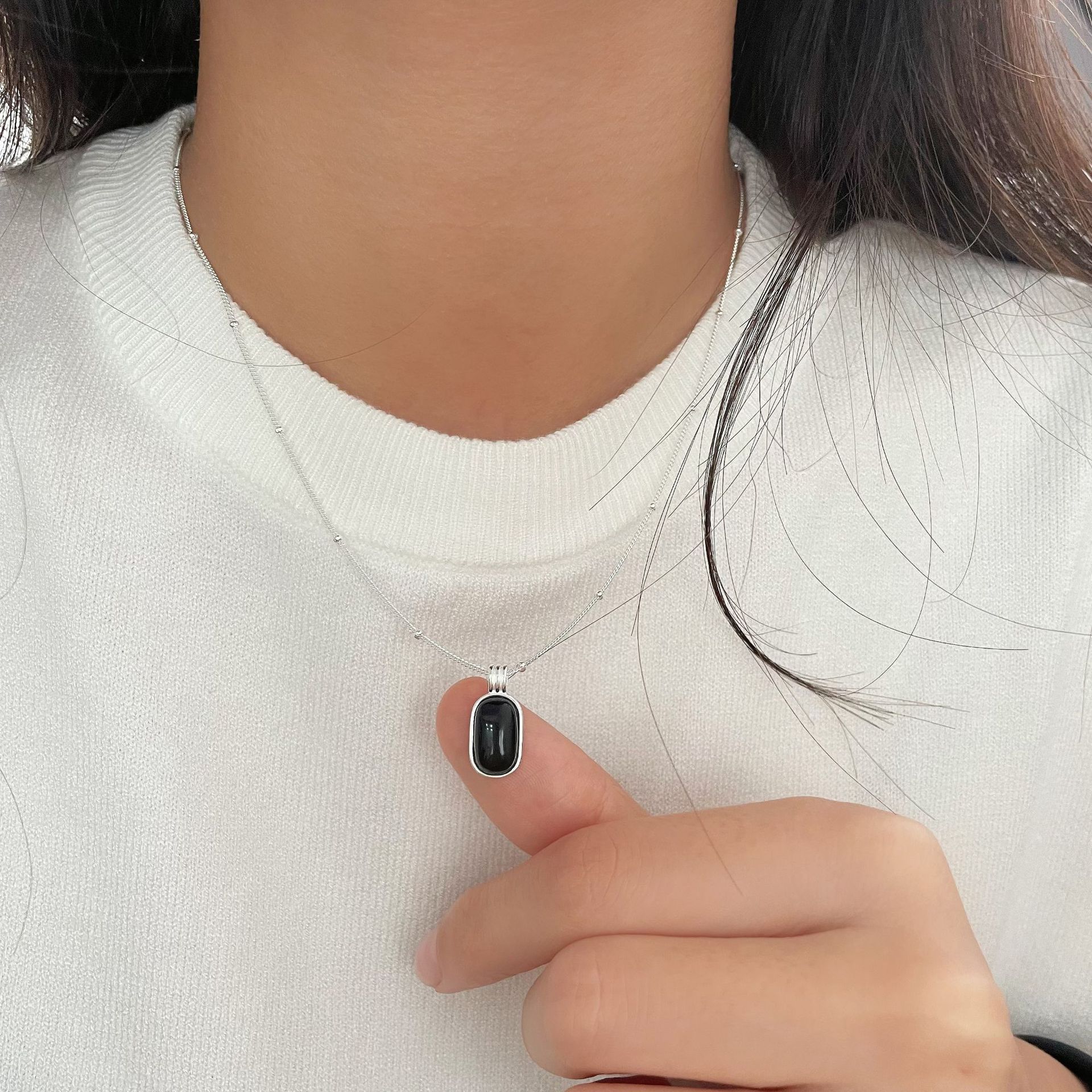 925 sterling silver black agate pendant necklace - silvery