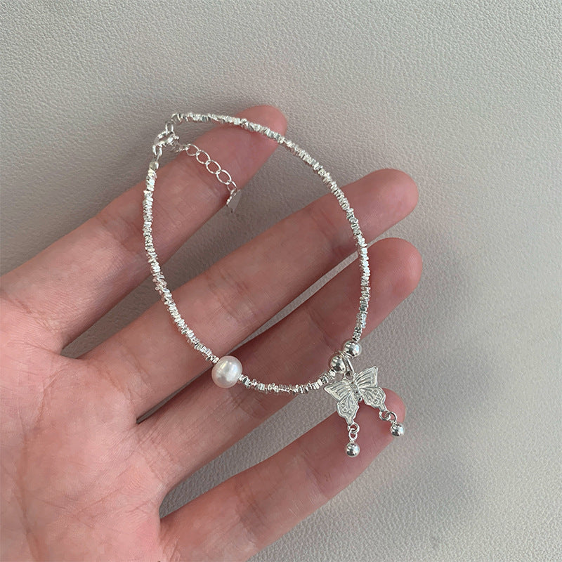 S925 Pure Silver Freshwater Pearl Butterfly Bracelet - Silvery