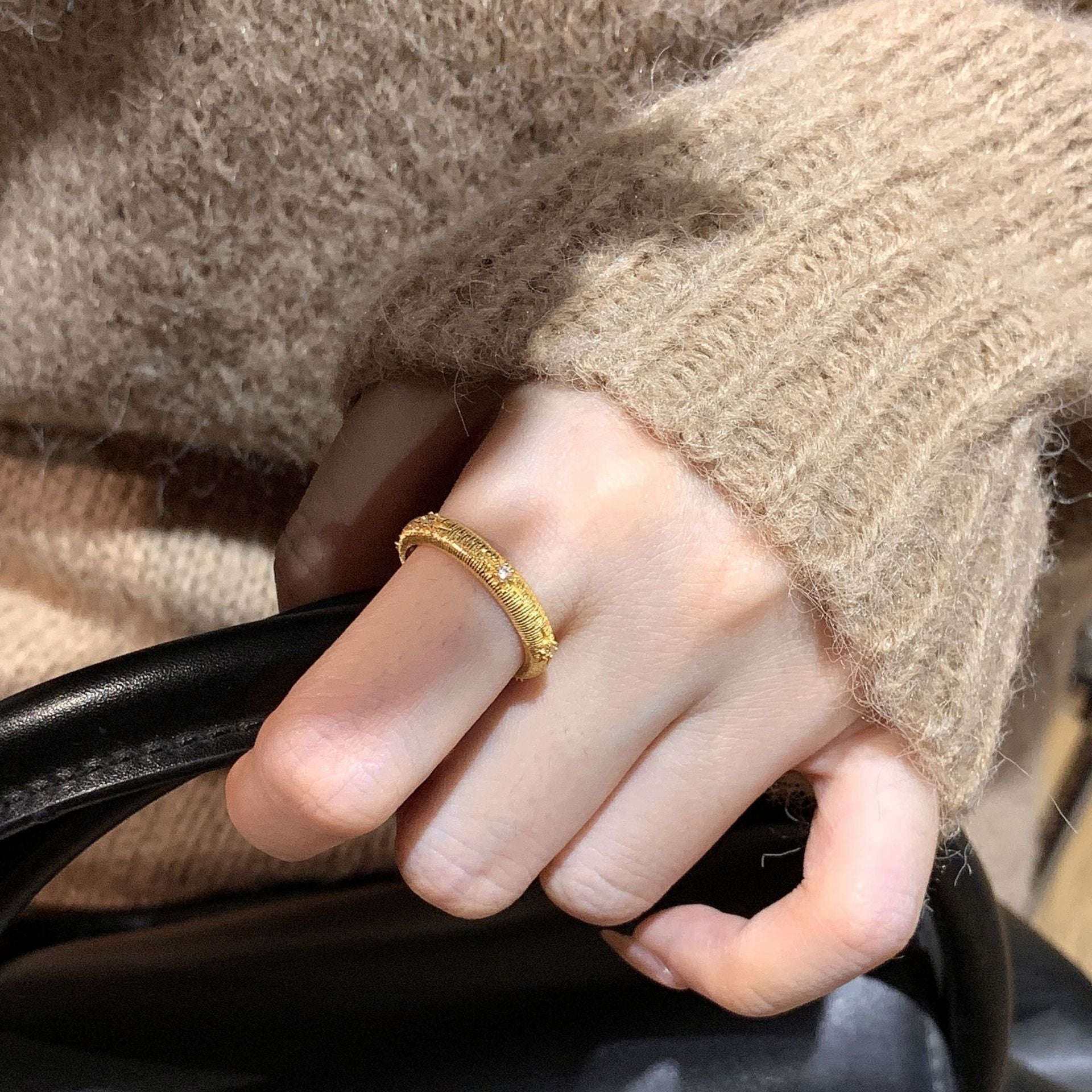 Vintage brushed stripe S925 sterling silver Zirconium flash ring