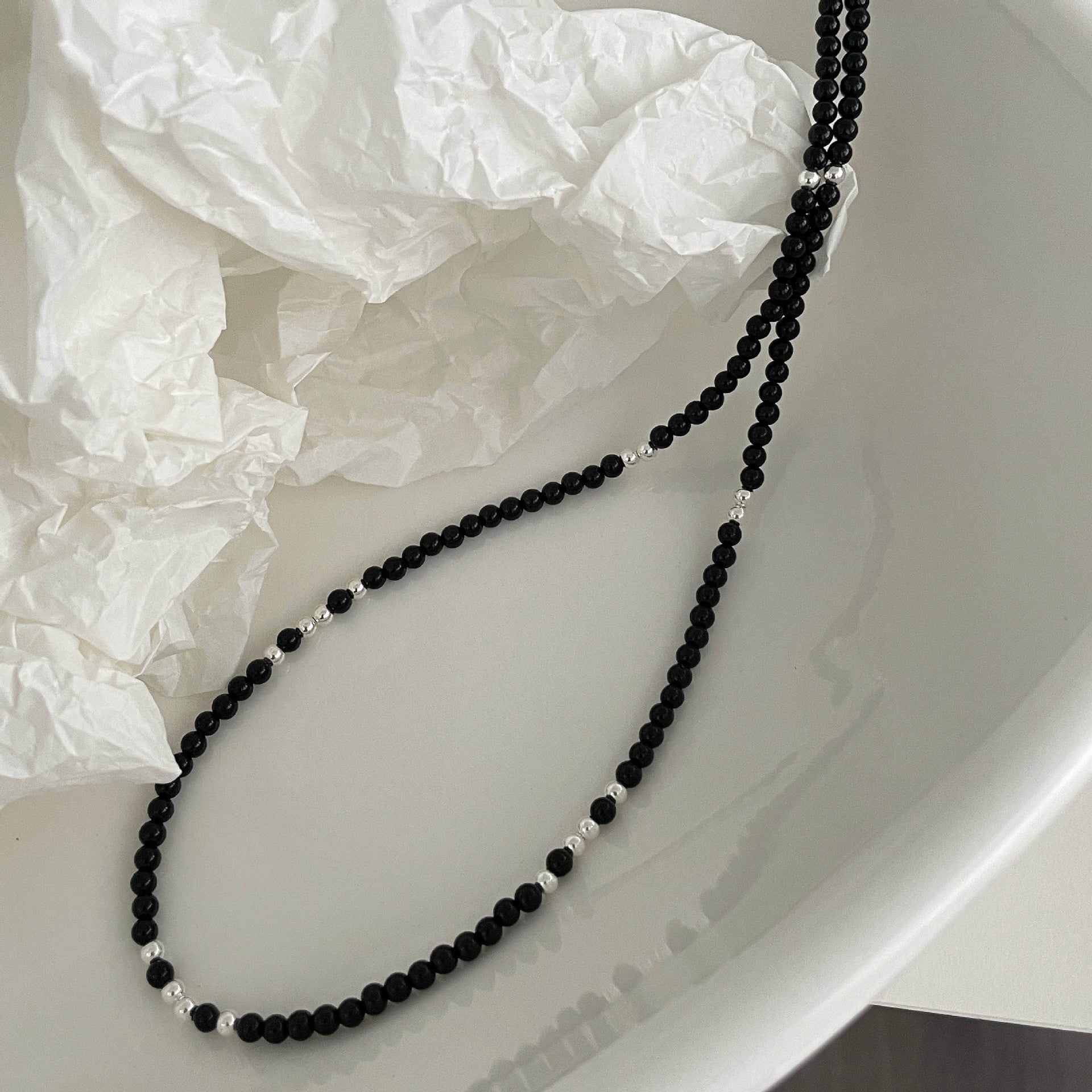 S925 sterling silver black agate bead necklace