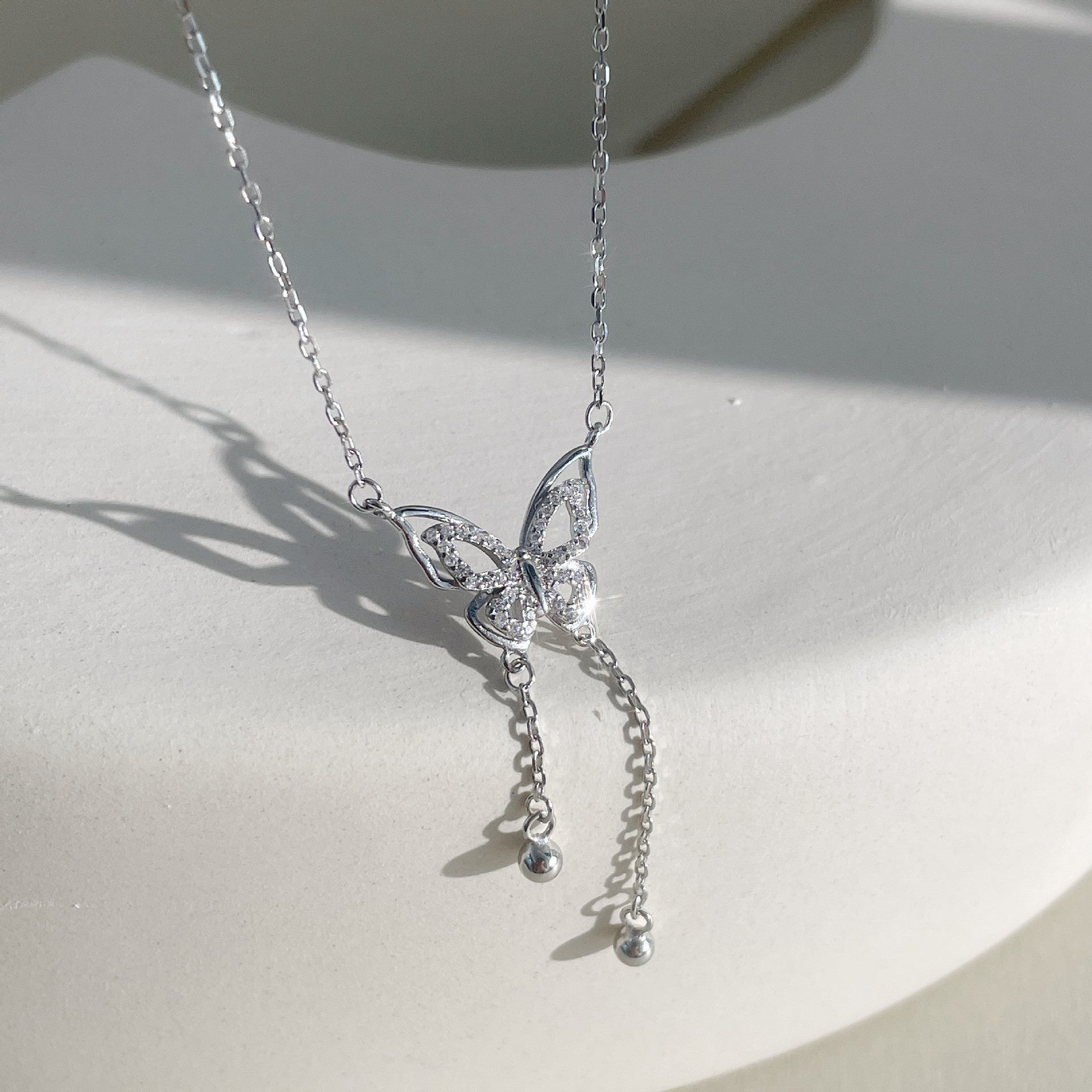 S925 sterling silver butterfly bead tassel necklace