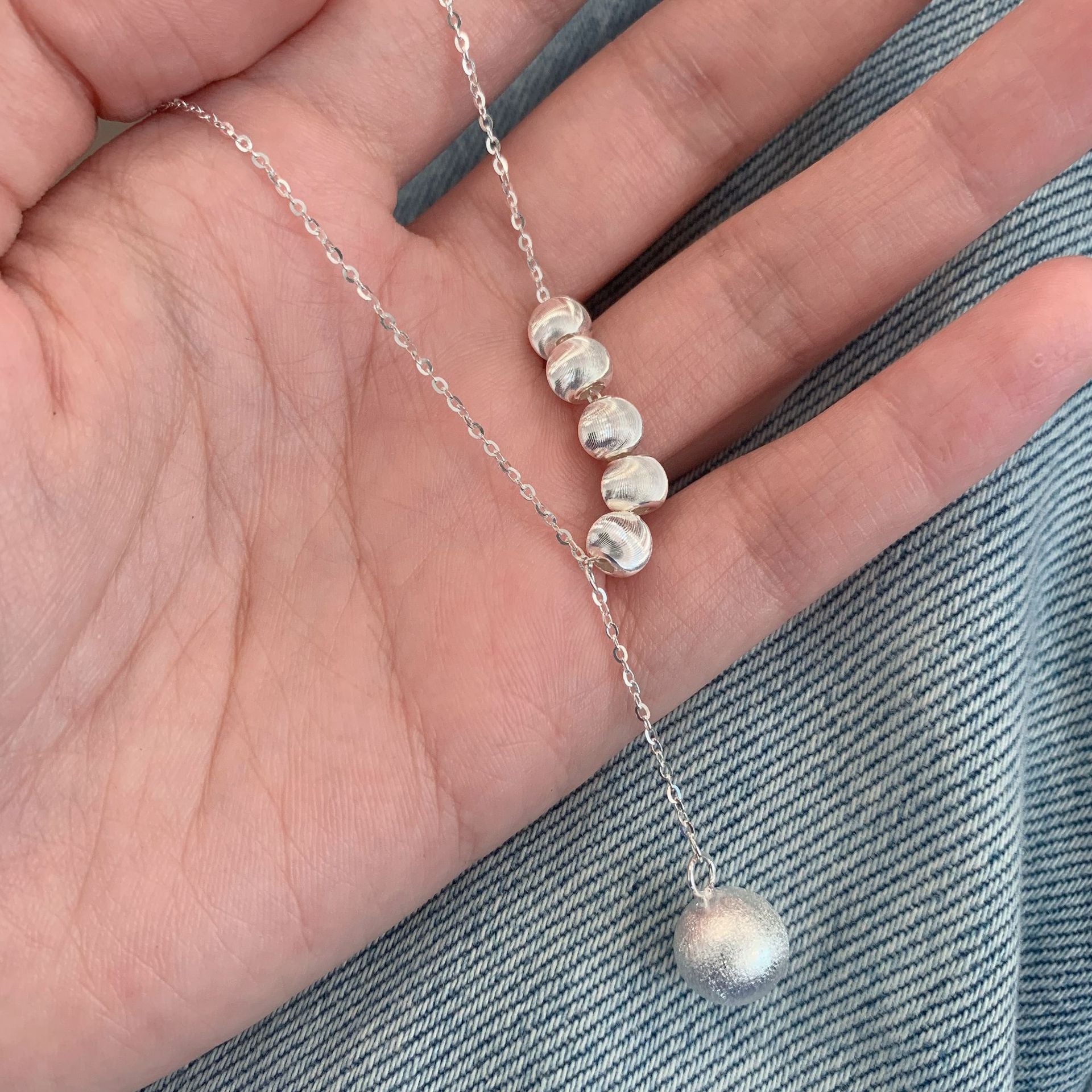 S925 sterling silver round bead tassel pendant necklace - silvery