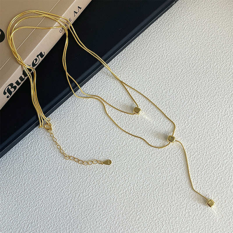 S925 sterling silver double-layer long necklace - golden