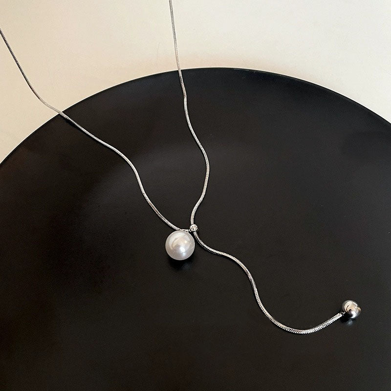 925 sterling silver pearl pendant long necklace - silvery