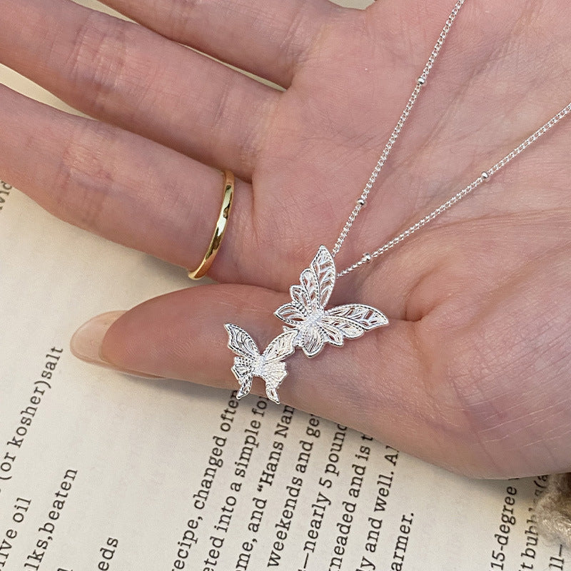 S925 sterling silver double butterfly necklace - silvery