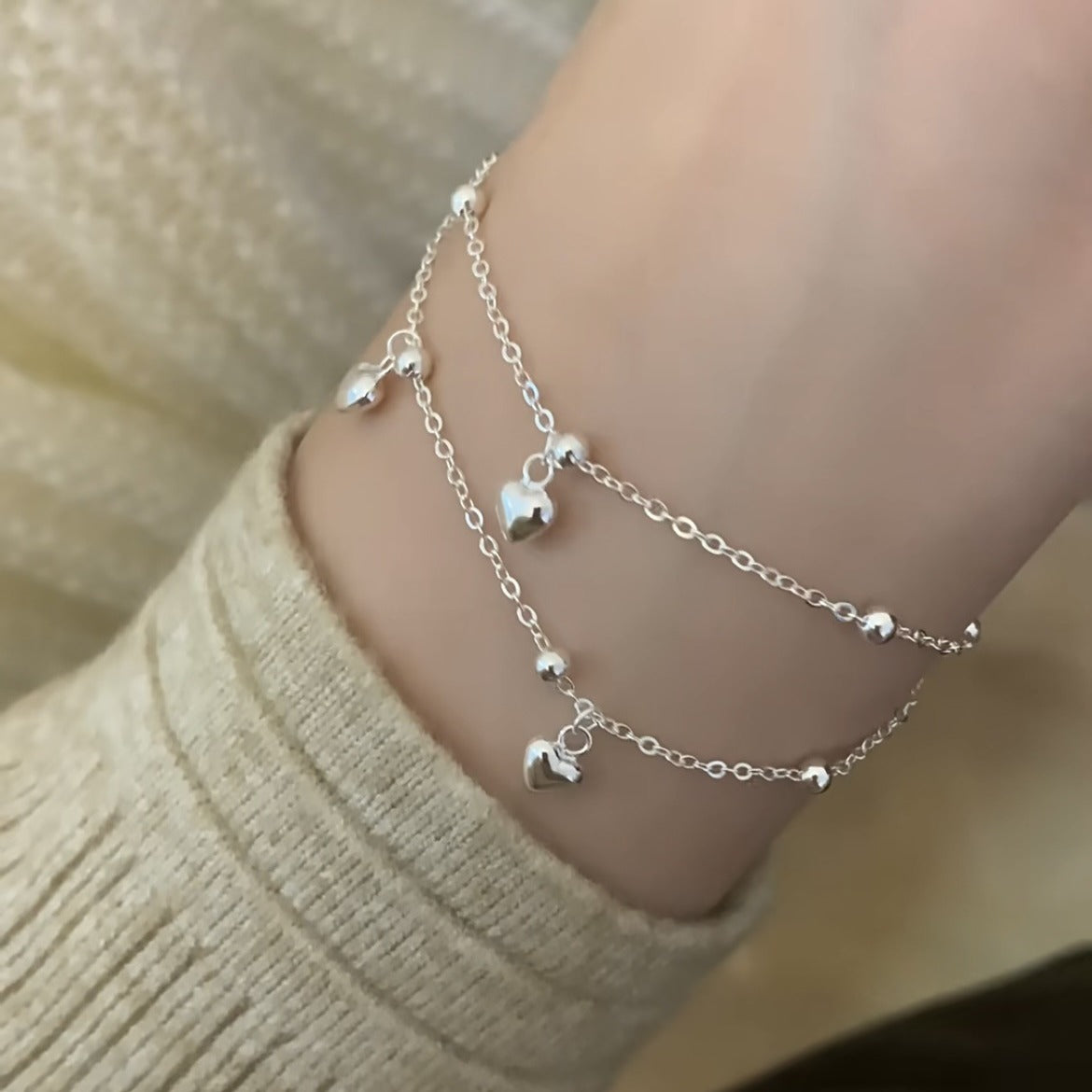 925 Silver Double layered Heart Pendant Bracelet - Silvery