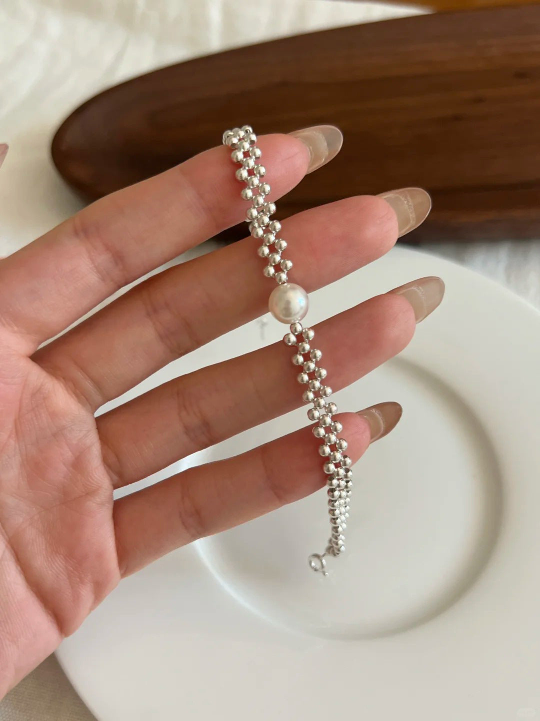 S925 sterling silver imitation pearl silver bead splicing chain bracelet