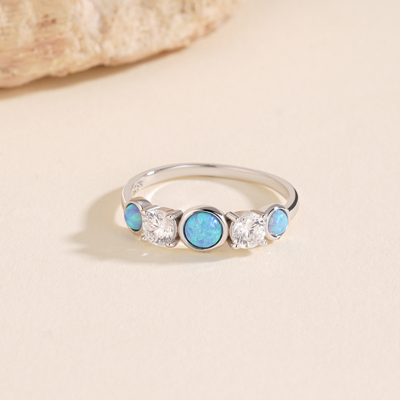 925 Sterling Silver Round Opal and Zircon Ring