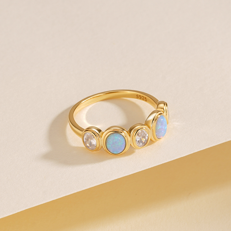 925 Sterling Silver Cabochon Opal and Zircon Ring