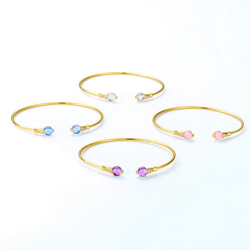 S925 Sterling Silver Gold Plated Geometric Gemstone Zircon Inlaid Bangle
