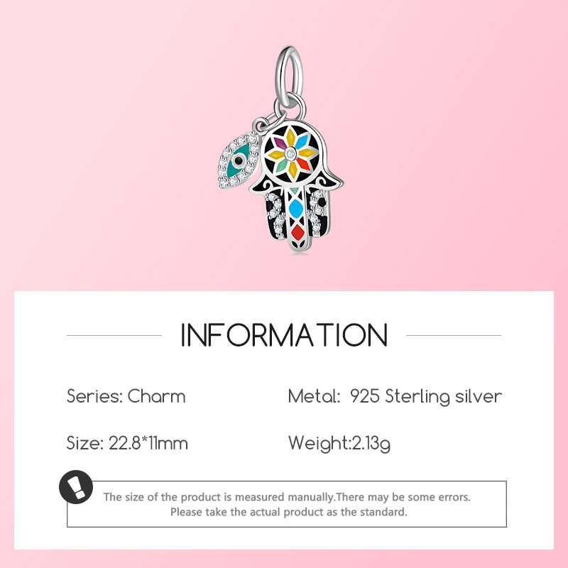 S925 Sterling Silver Hamsa Hand-Shaped Pendant with Diamonds, Epoxy Resin, Blue Eye Ethnic Style Jewelry