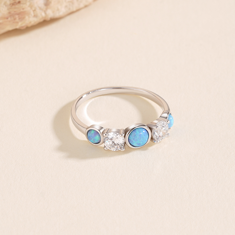925 Sterling Silver Round Opal and Zircon Ring