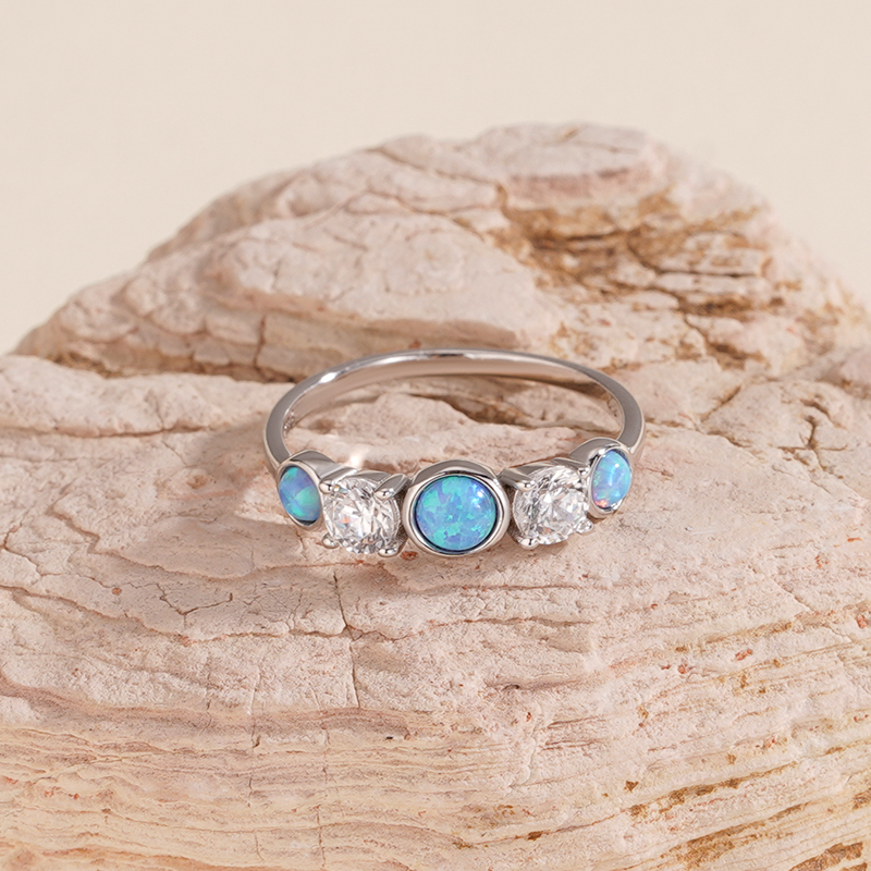 925 Sterling Silver Round Opal and Zircon Ring