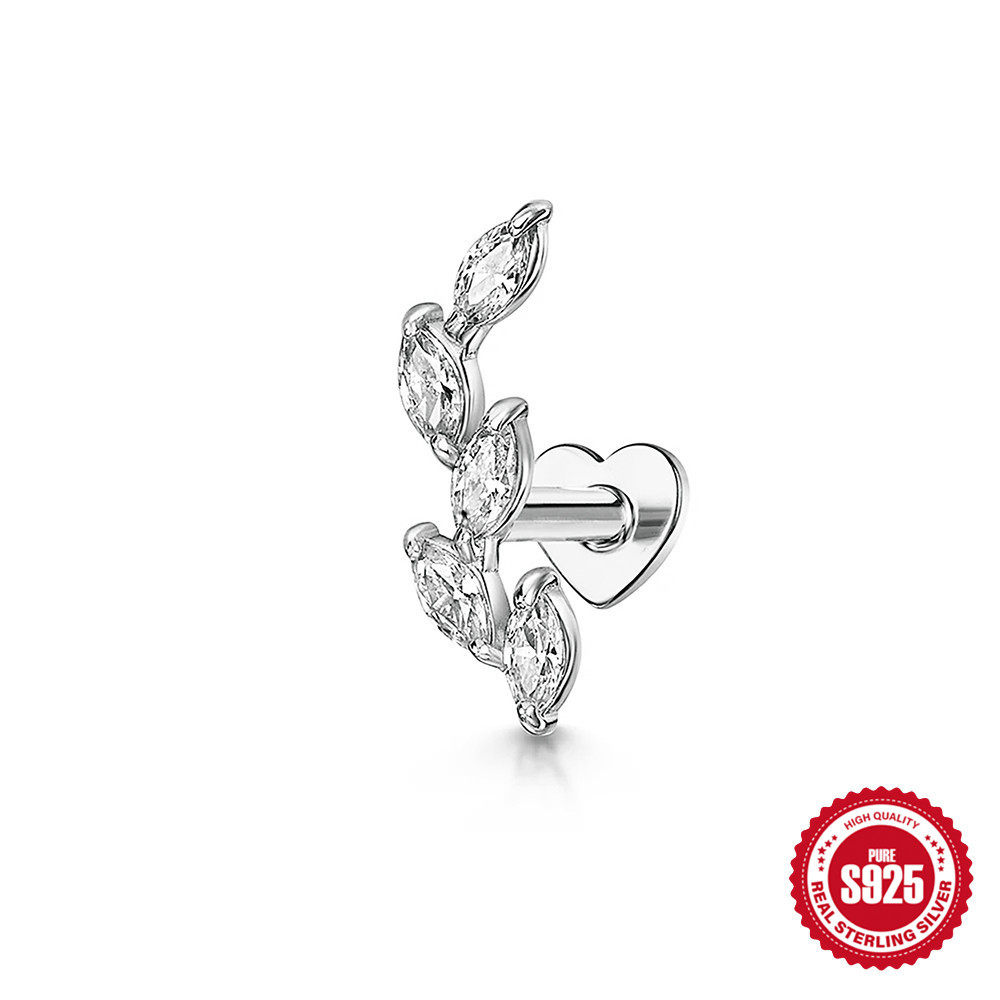S925 Sterling Silver Heart-Shaped Stud Earrings with Marquise-Cut Zirconia and Flat-Back Threaded Posts