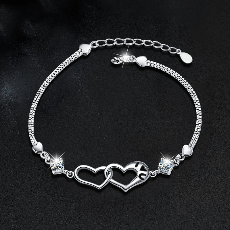 S925 Silver Moissanite Heart-Shaped Double-Ring Bracelet