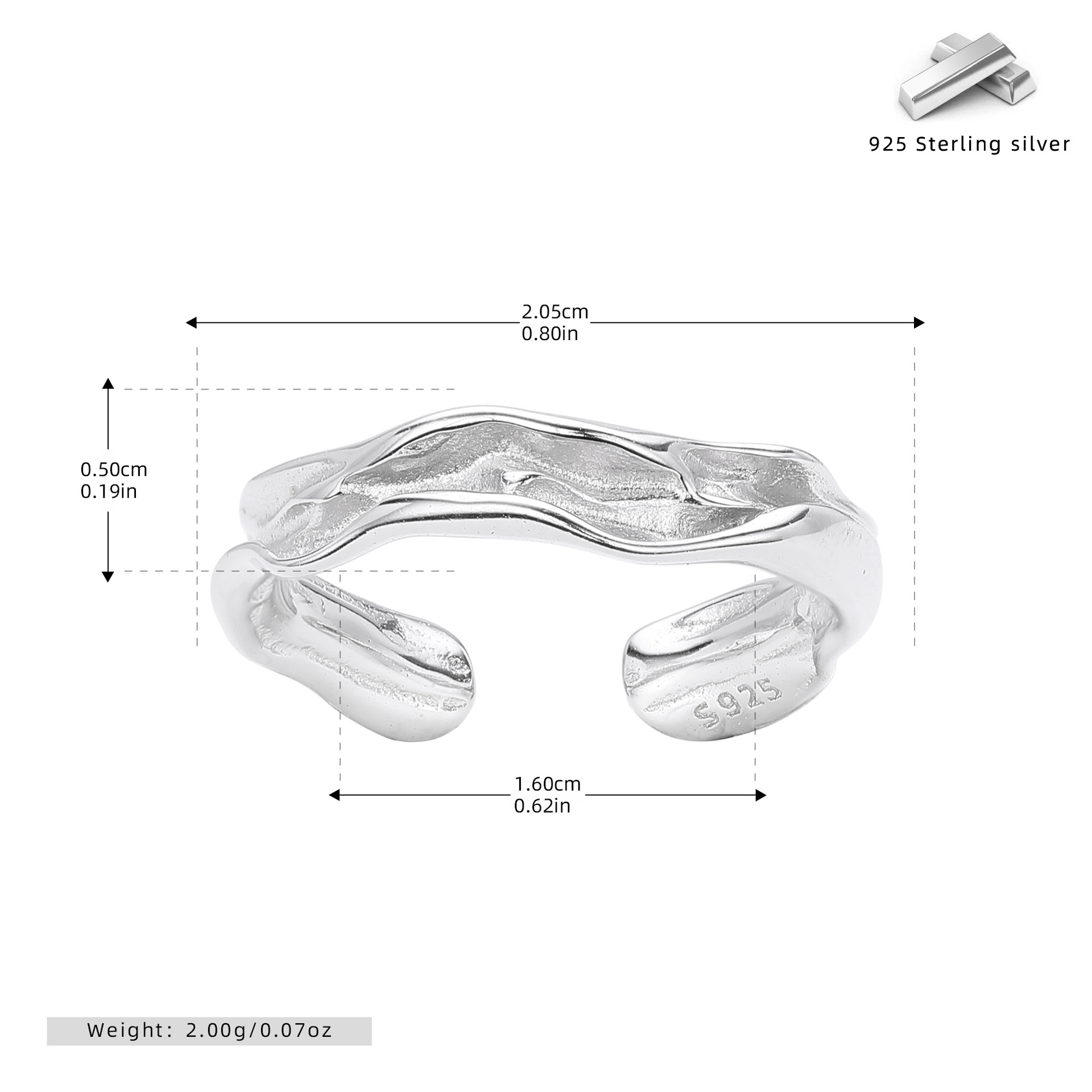 S925 Sterling Silver Luxury Niche Ring with Unique Texture and Irregular Opening