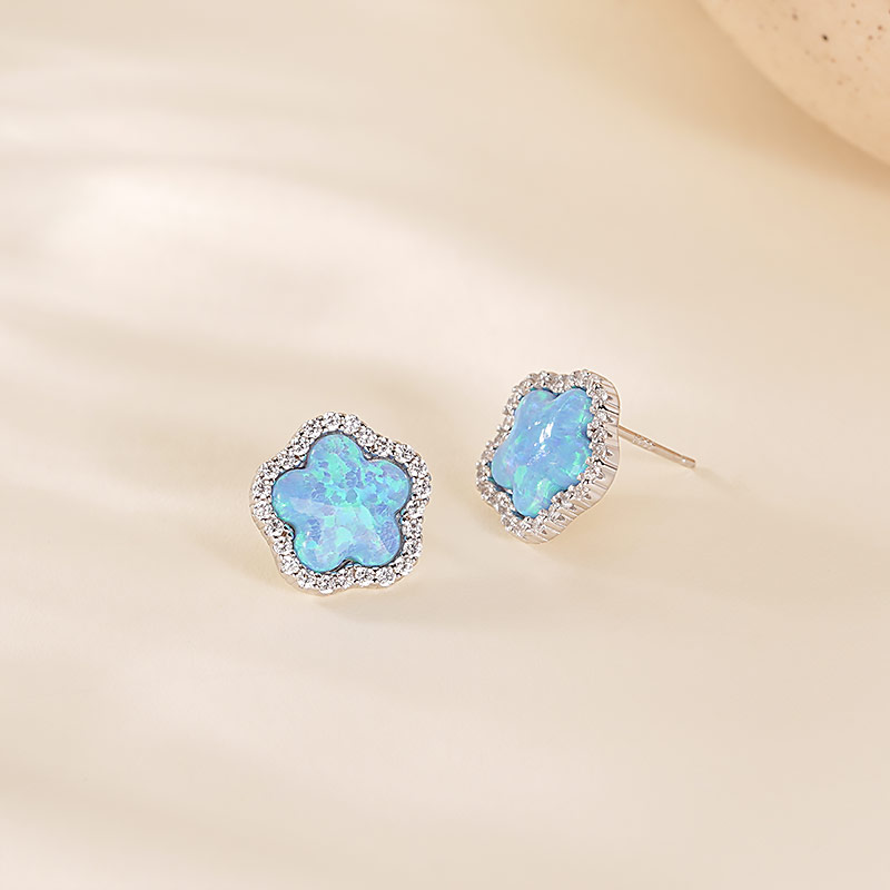 925 Sterling Silver Floral Stud Earrings with Opal and Zirconia