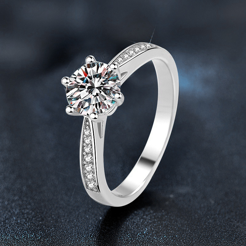 925 Sterling Silver Moissanite Six-Prong Diamond Ring