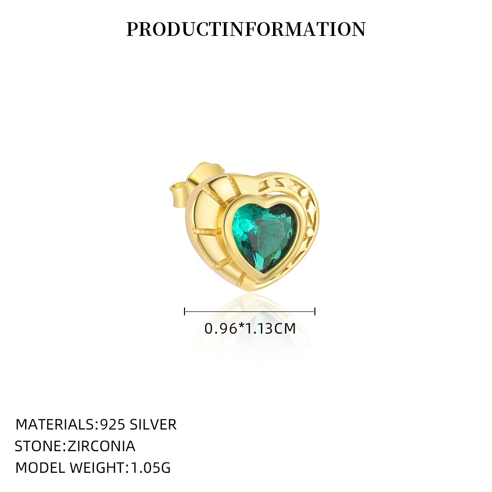 S925 Sterling Silver Heart Stud Earrings with Colorful Cubic Zirconia