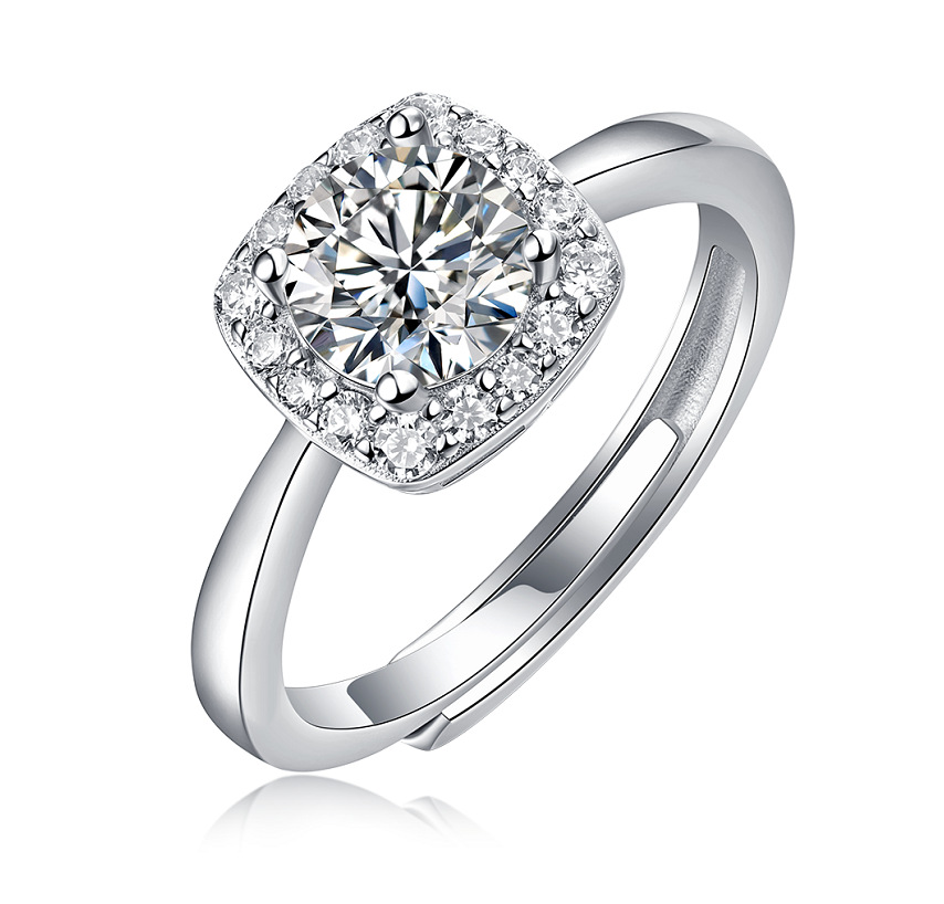 S925 Silver Small Square Ring with Moissanite Halo Setting