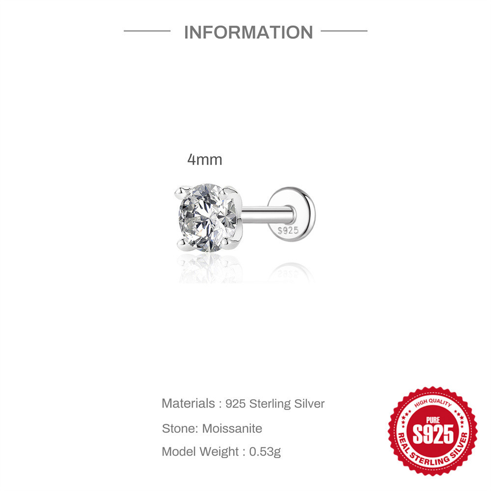 S925 Sterling Silver 4-Prong Flat-Back Moissanite Stud Earring