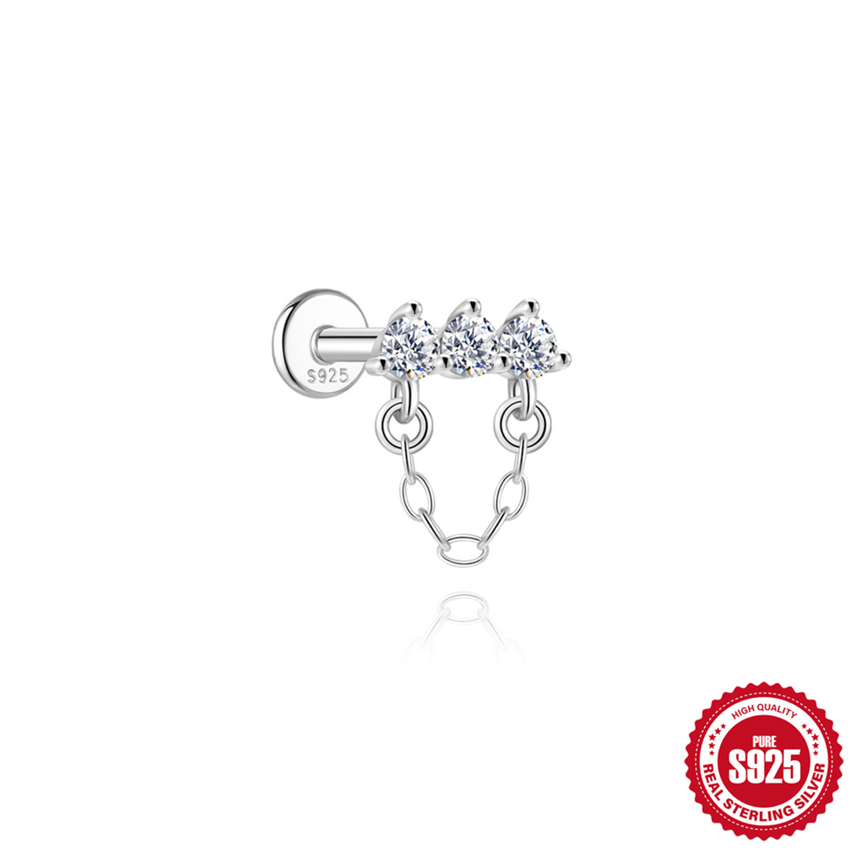 S925 Sterling Silver Moissanite Flat-Back Threaded Cartilage Stud(Single unit)