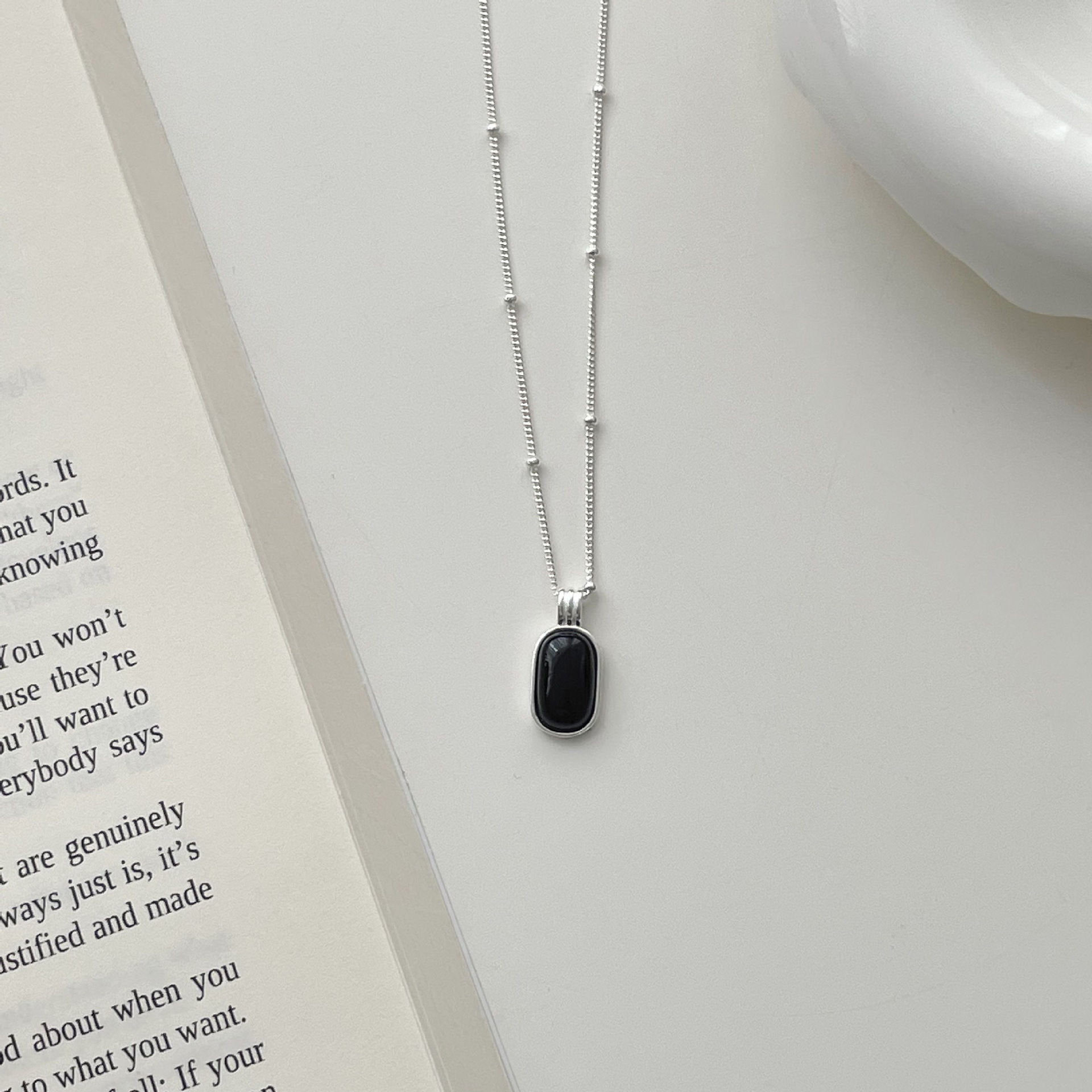 925 sterling silver black agate pendant necklace - silvery
