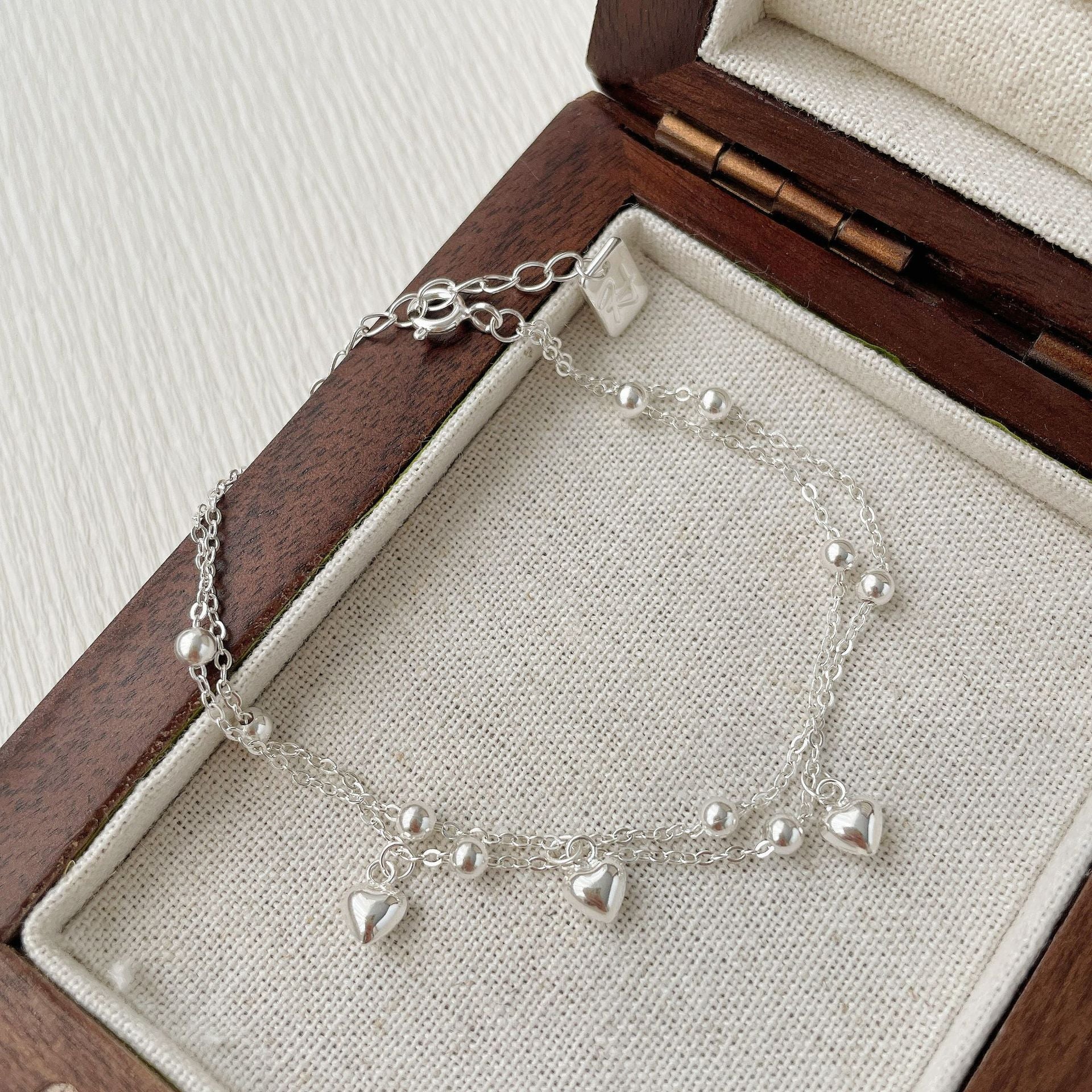 925 Silver Double layered Heart Pendant Bracelet - Silvery