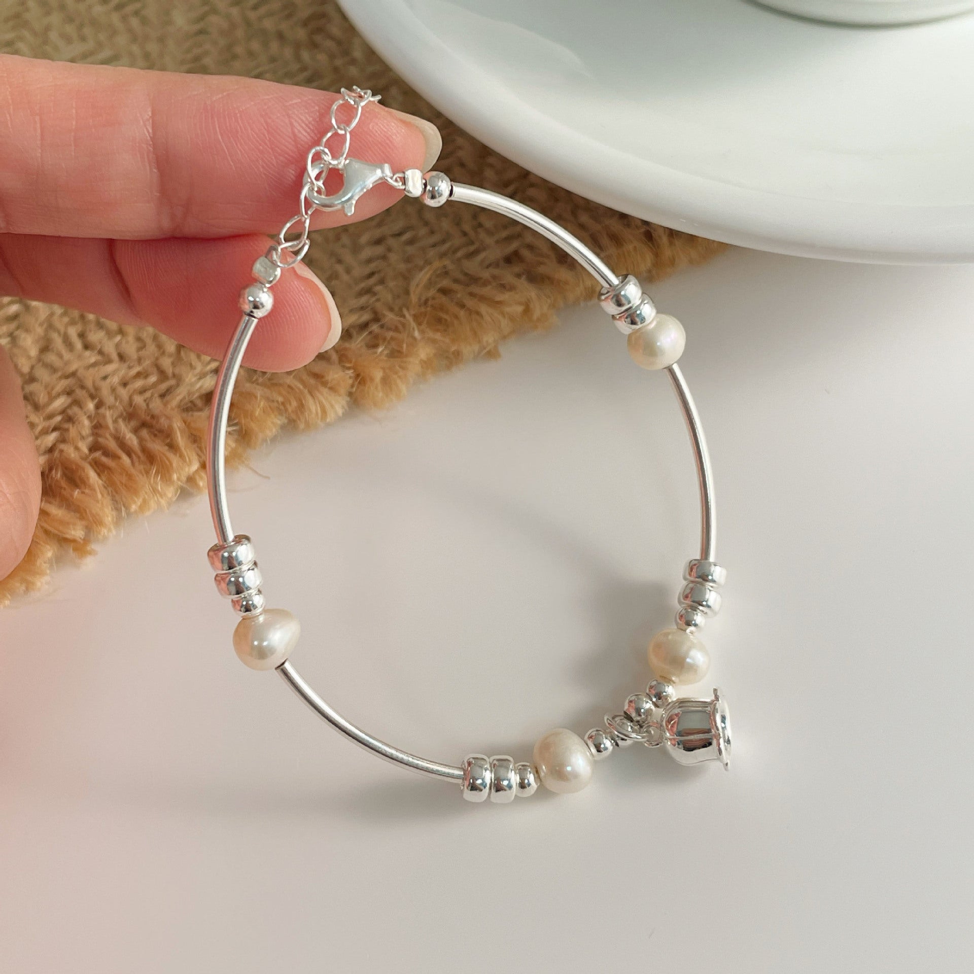 925 sterling silver freshwater pearl bracelet - silvery