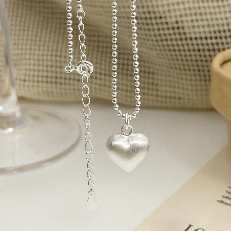  925 sterling silver heart-shaped pendant long necklace - silvery