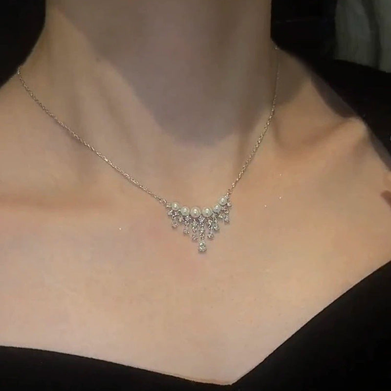 S925 pure silver artificial pearl pendant necklace