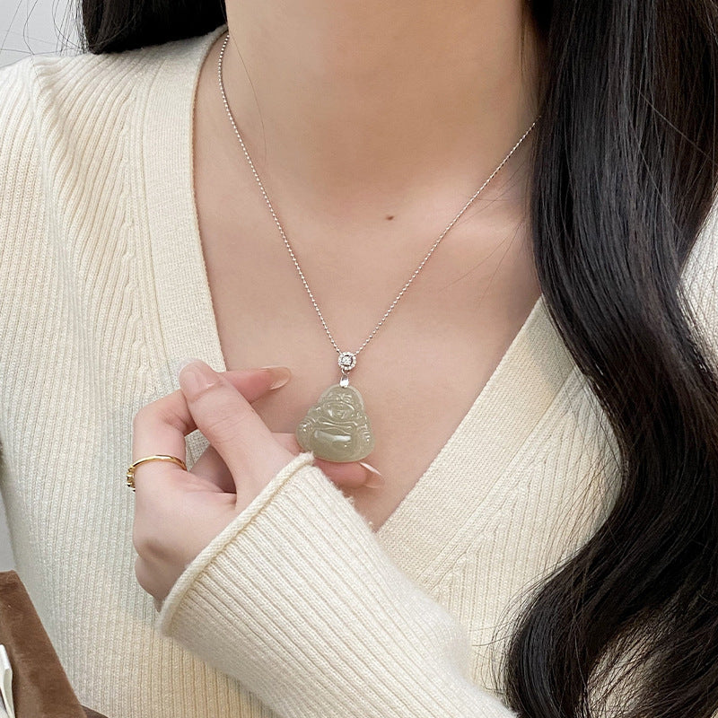 S925 Sterling Silver Hetian Jade Buddha Male Pendant Necklace